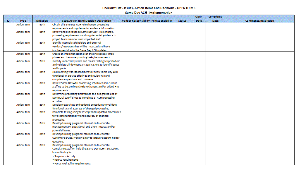 Same Day ACH Implementation Checklist - Electronic Version