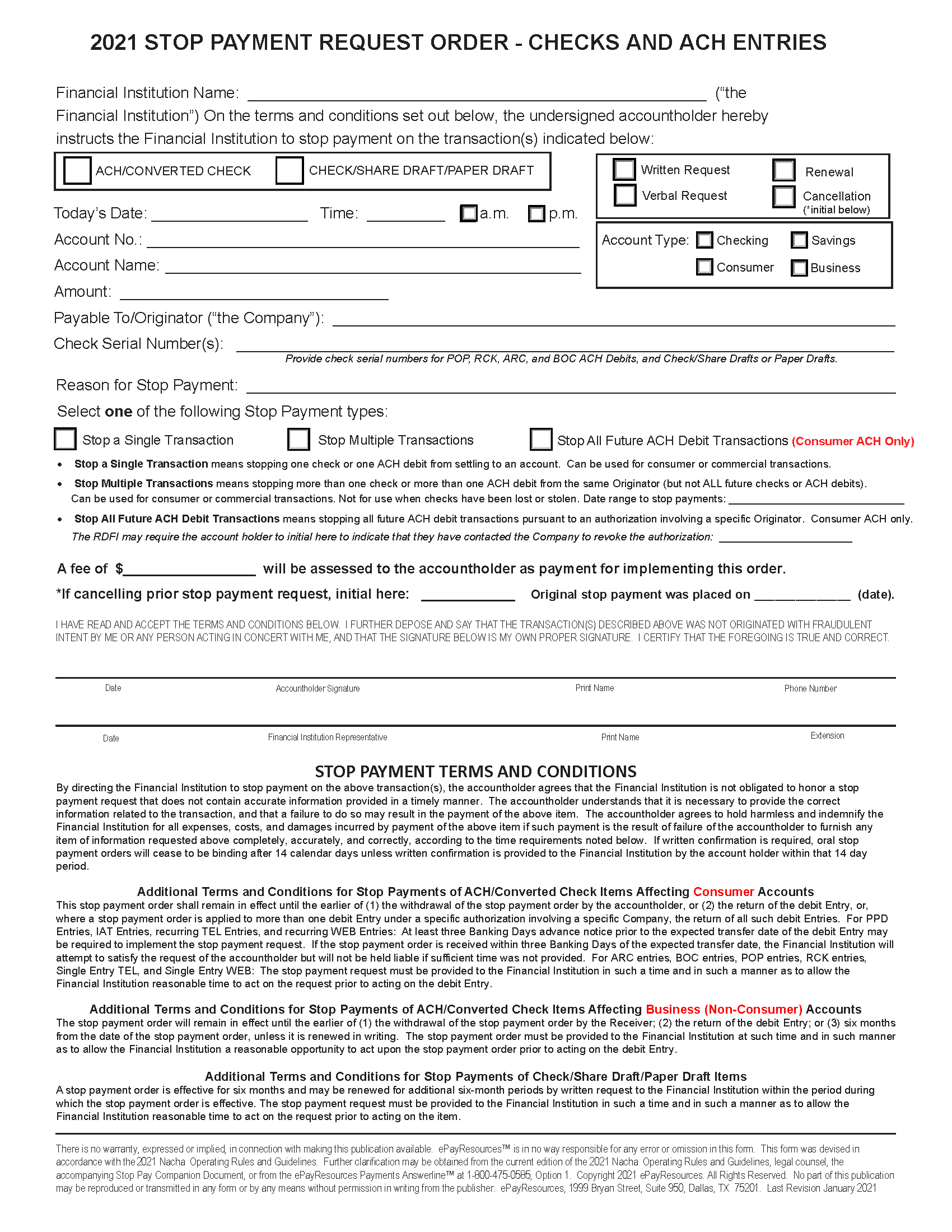 Customized Electronic Stop Payment Request Form
